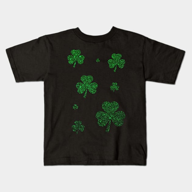 St Patricks Day, Deep Green 3 Leaf Faux Glitter Clovers Kids T-Shirt by Felicity-K